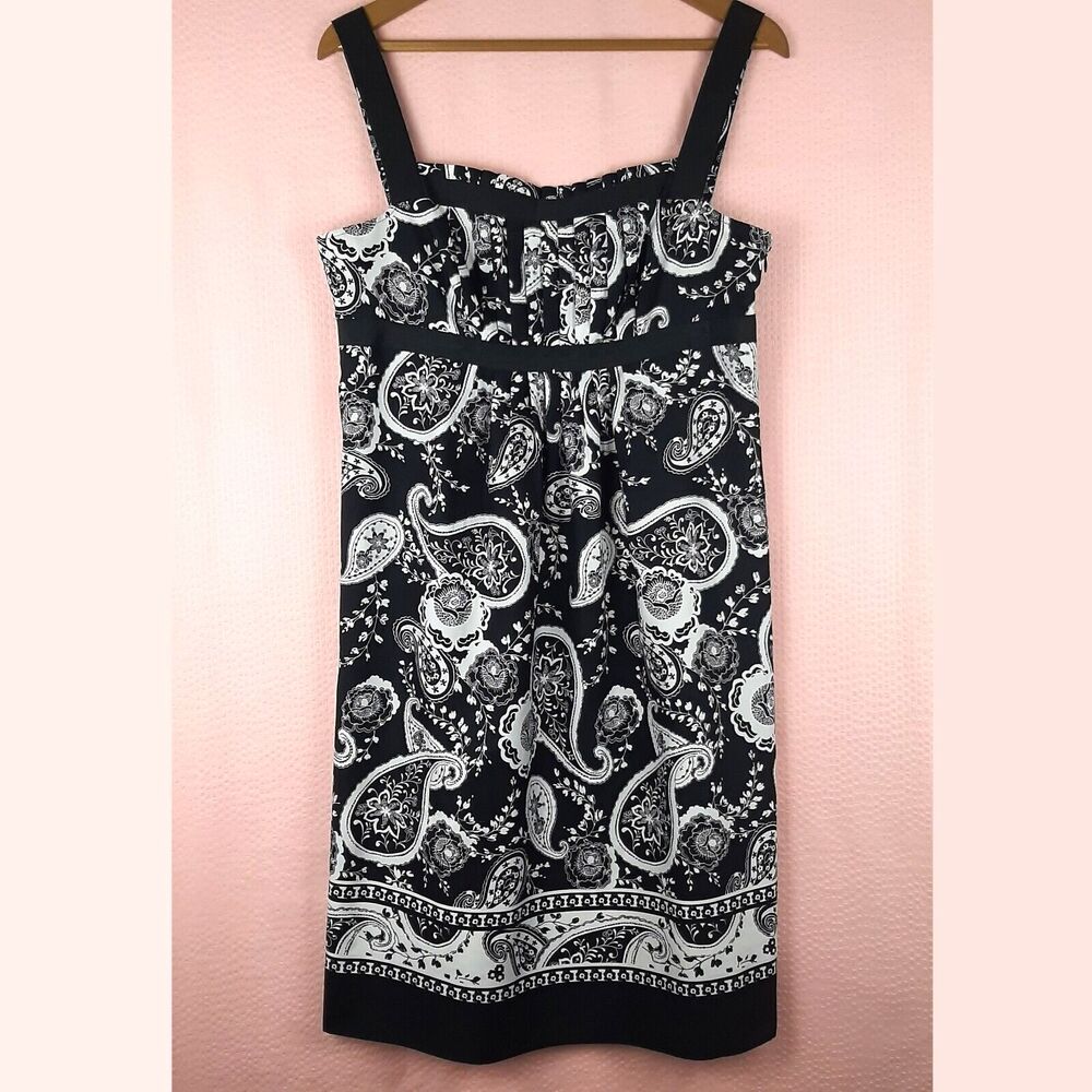 Loft Black Women White Paisley Sleeveless Lightweight Summer Dress Size 8